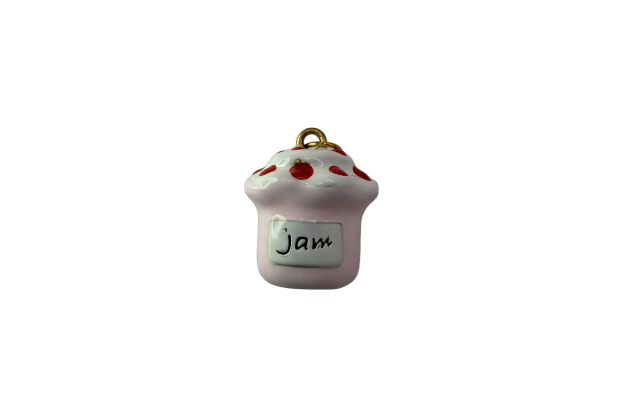 Pink jam jar with white lid, red dots, and "Jam" label