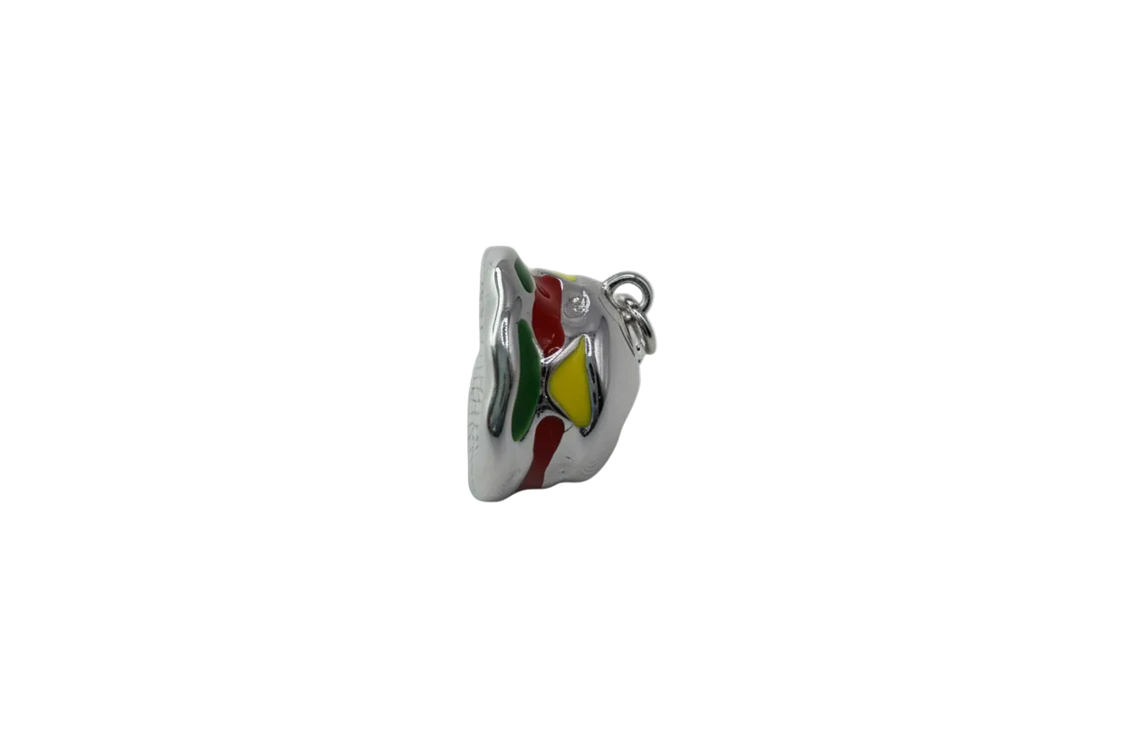 Silver sneaker with green, red, and yellow enamel accents