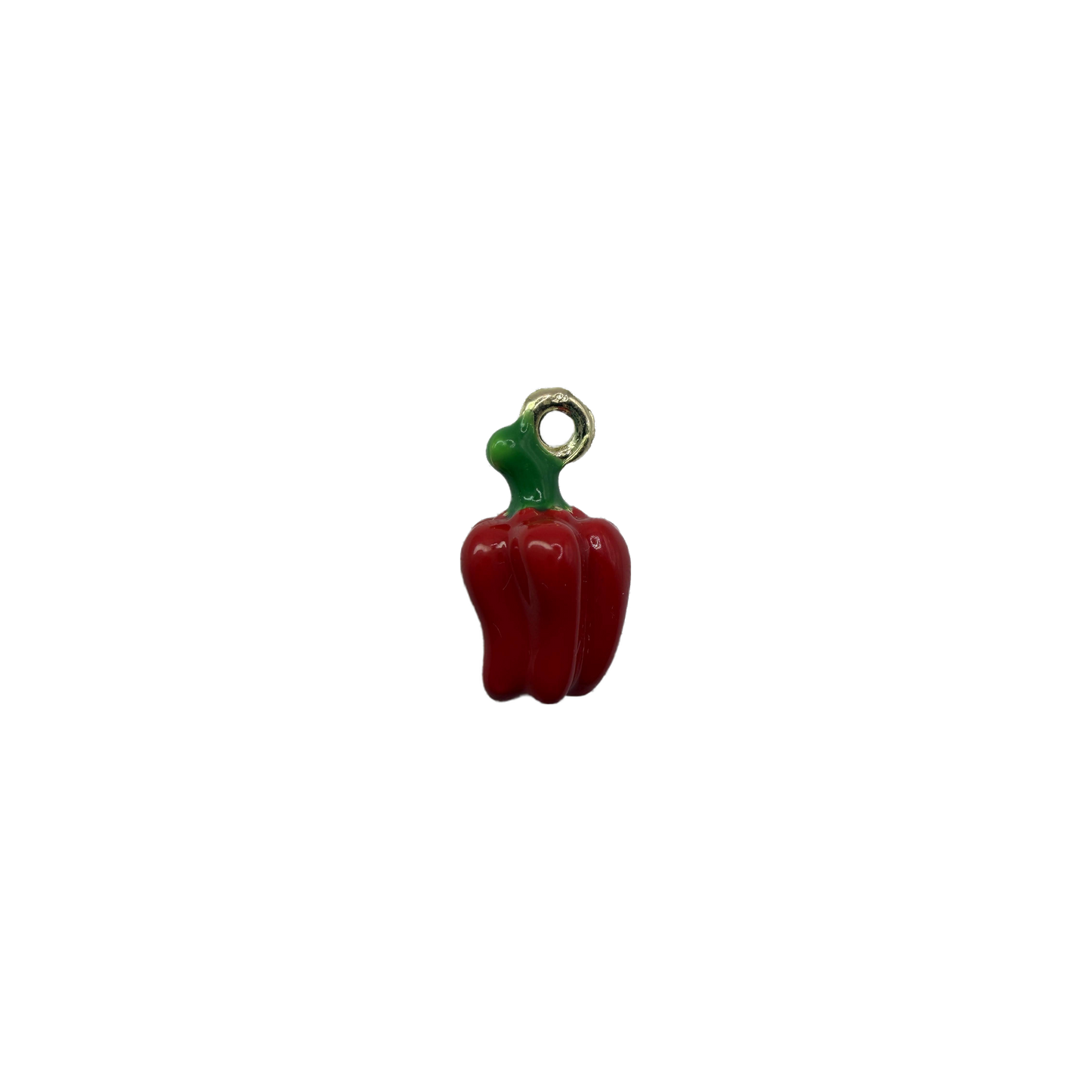 Red bell pepper with green stem and gold-toned detail
