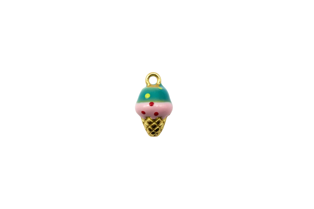 Pastel enamel ice cream cone with teal and pink scoops