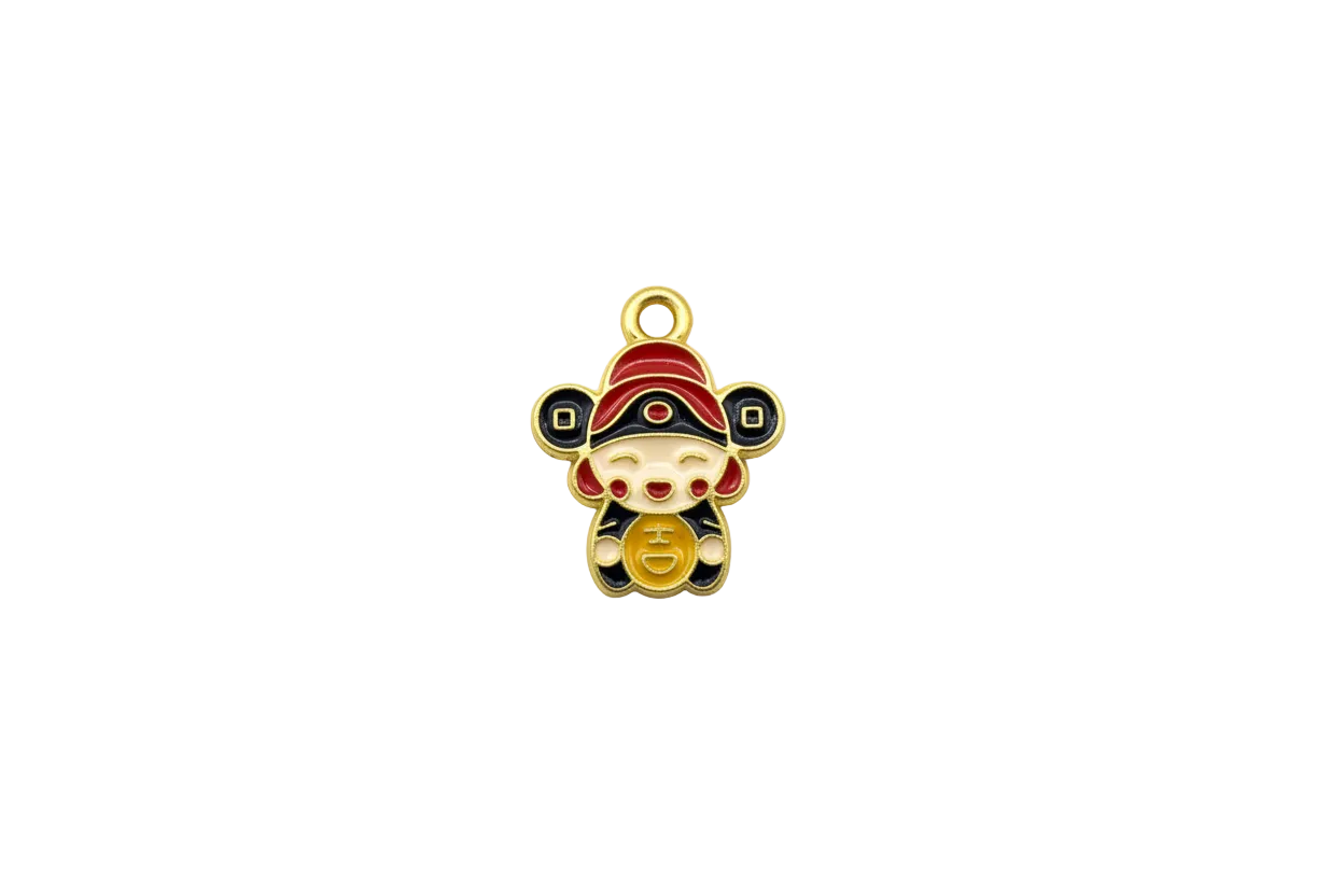 Enamel lucky doll with red hat, black accents, and gold coin