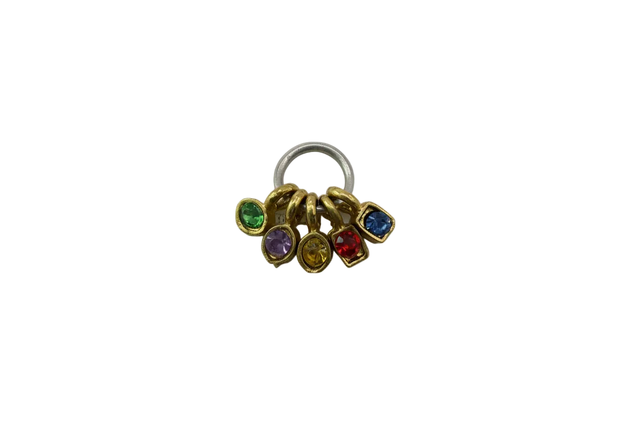 Gold multicolor gem cluster with jewel-tone stones on a silver ring