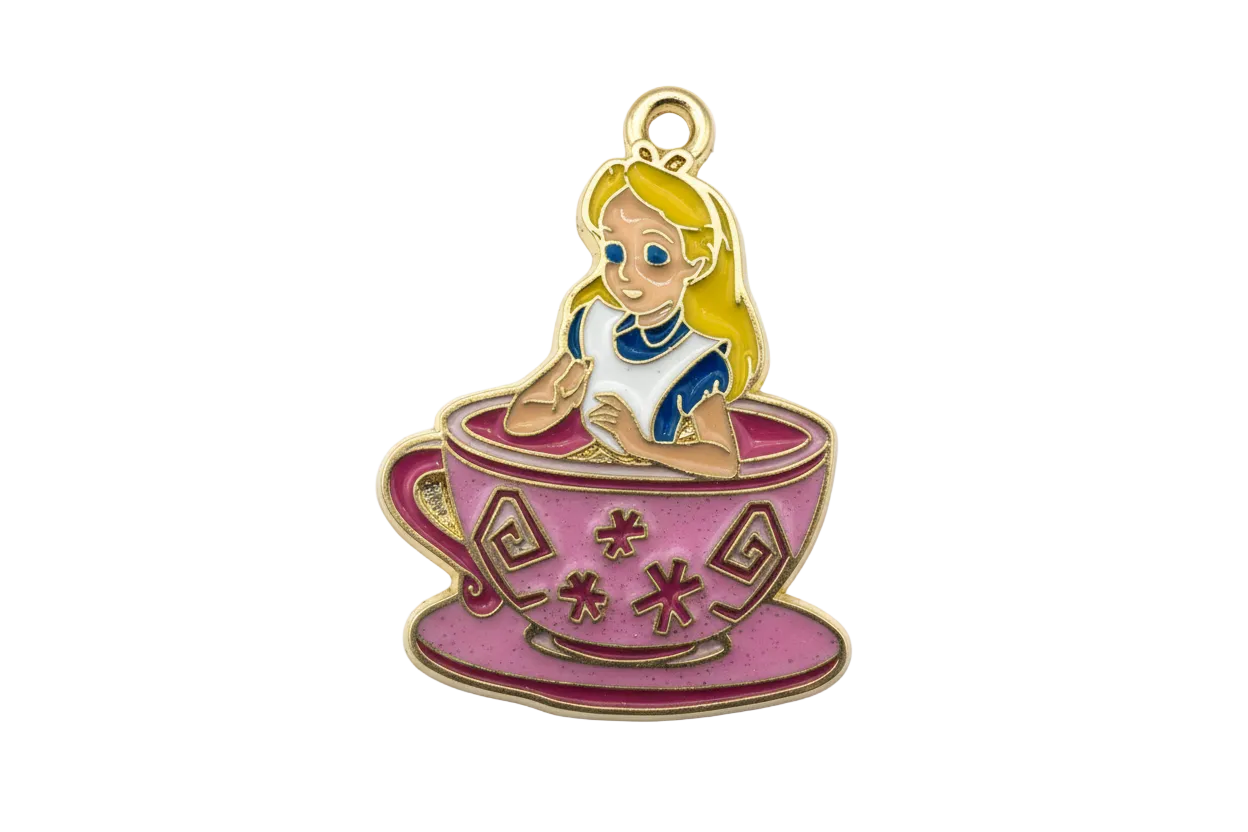 Enamel pink teacup with blonde girl in blue dress, gold finish