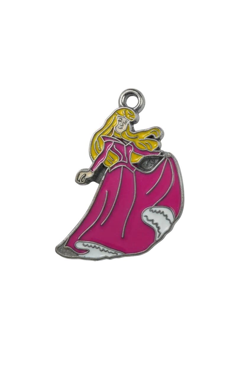 Pink gown princess figure with blonde hair, silver-tone outline