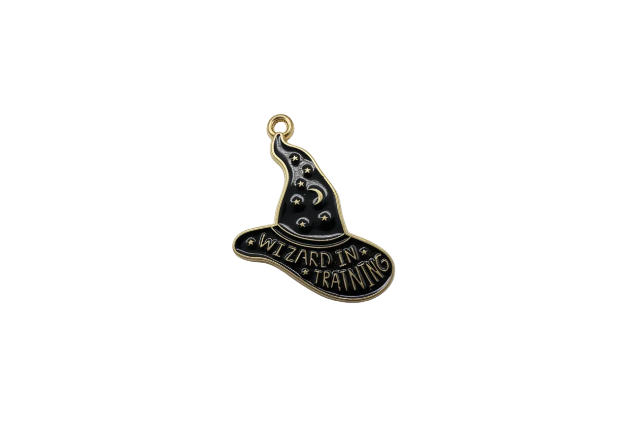 Black witch hat plaque with gold stars, moon, and “Wizard in Training” text