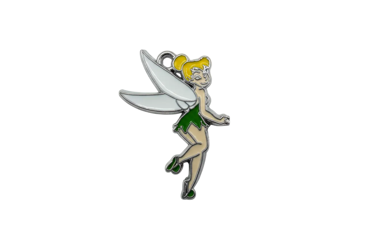 Flying pixie fairy with white wings and green dress, silver-tone