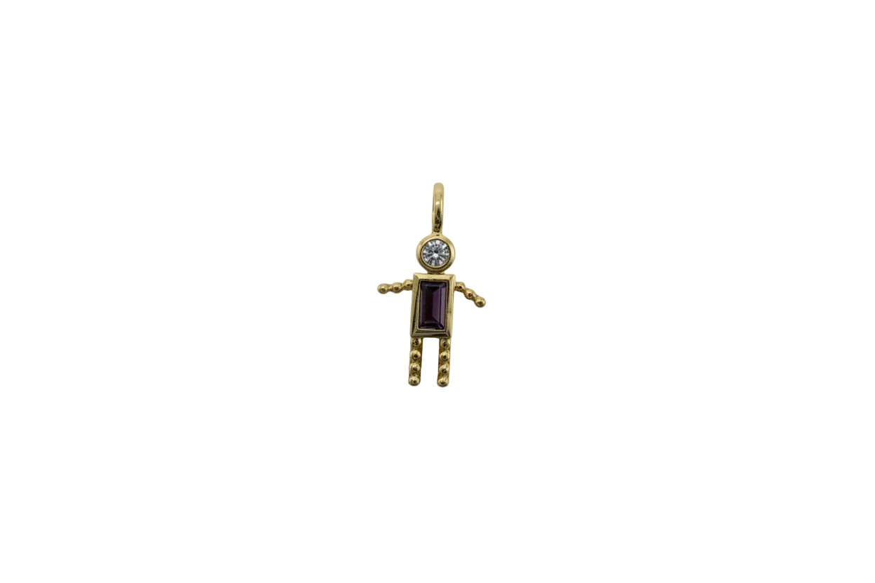 Gold key with rectangular purple stone and clear round crystal