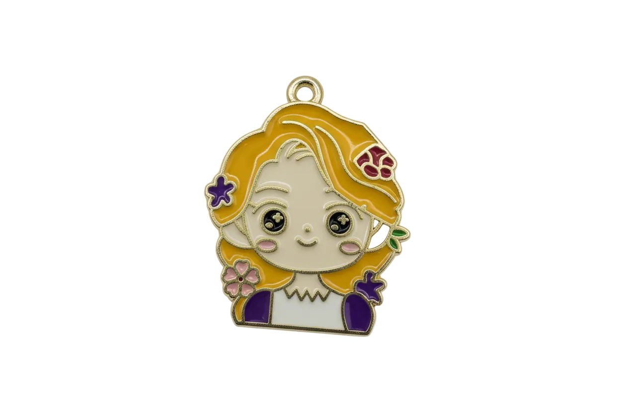 Enamel blonde girl portrait with purple flowers, gold outline