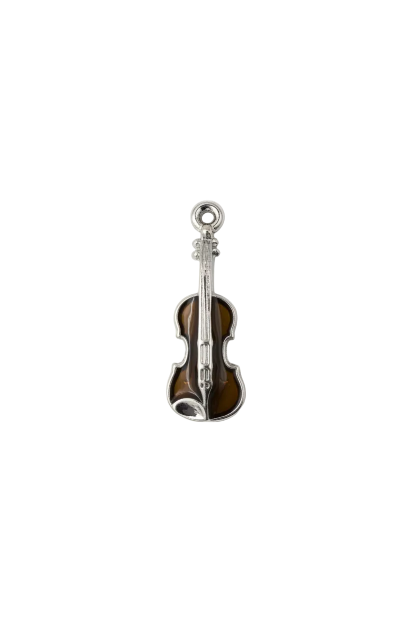 Smoky amber acoustic guitar charm, polished silver-tone outline