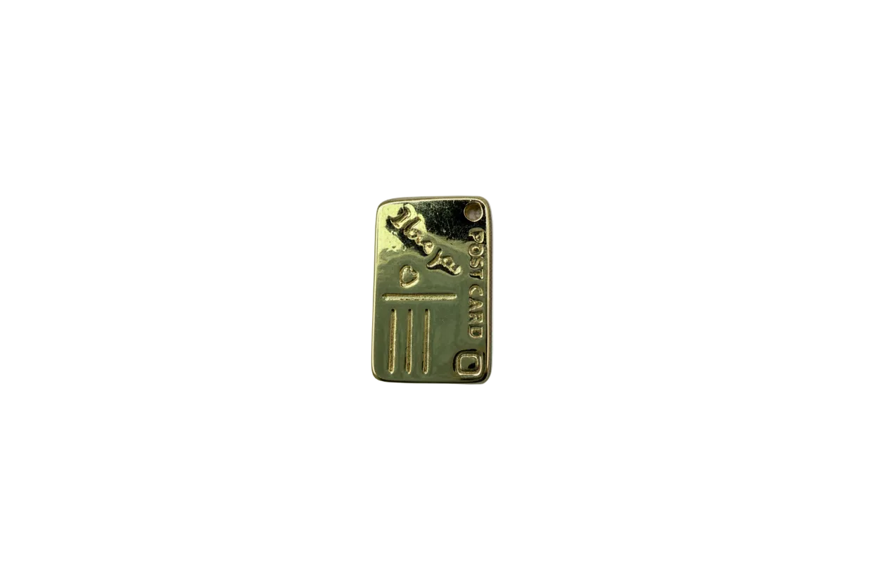 Gold embossed postcard tag with hearts and POST CARD text