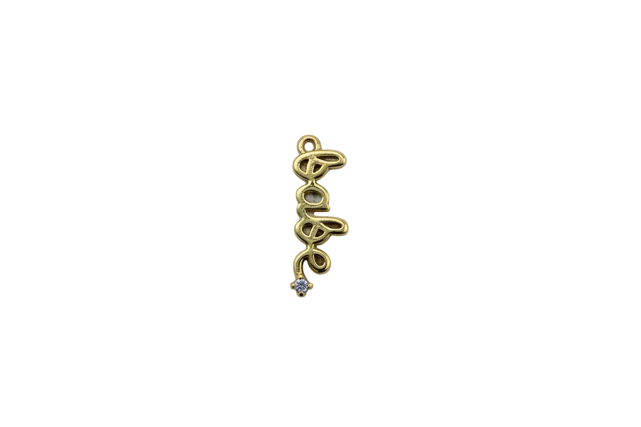 Gold script love word with clear gemstone accent