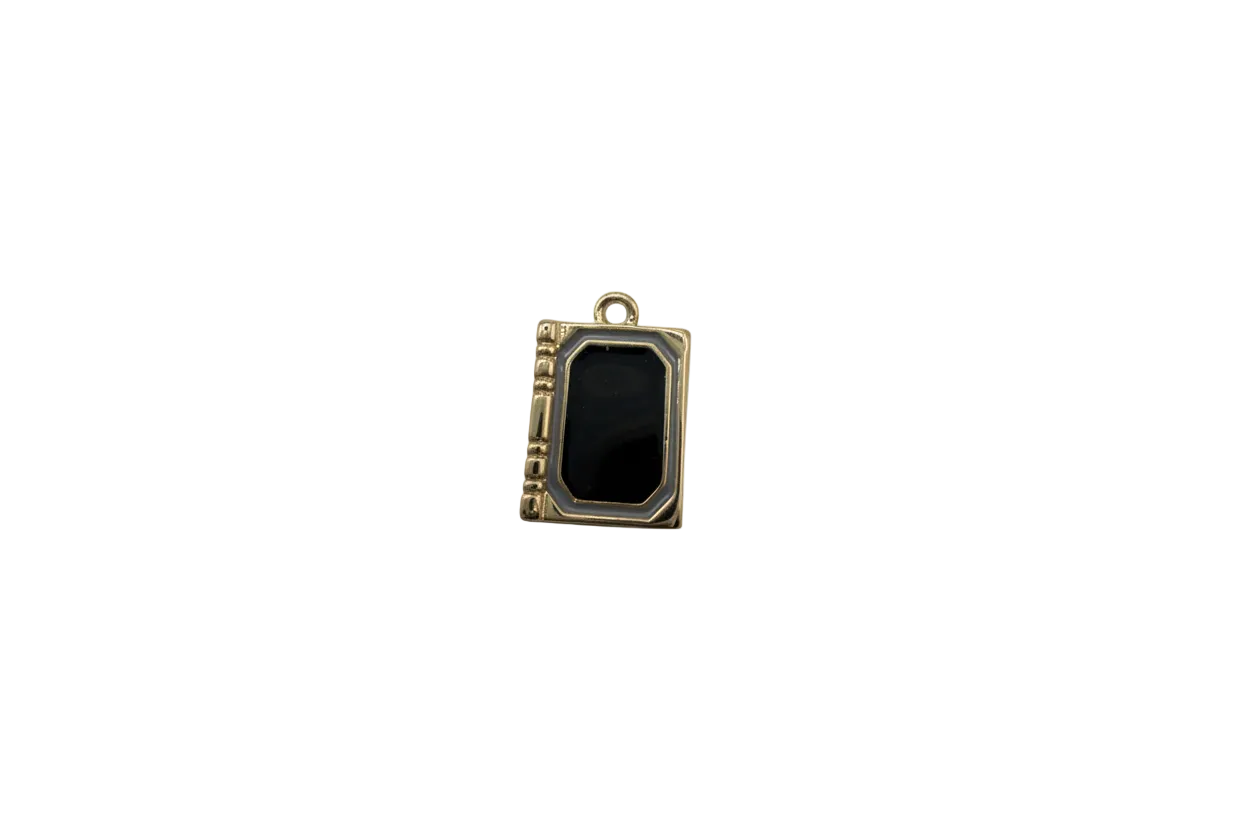 Gold book locket with glossy black center and gray border