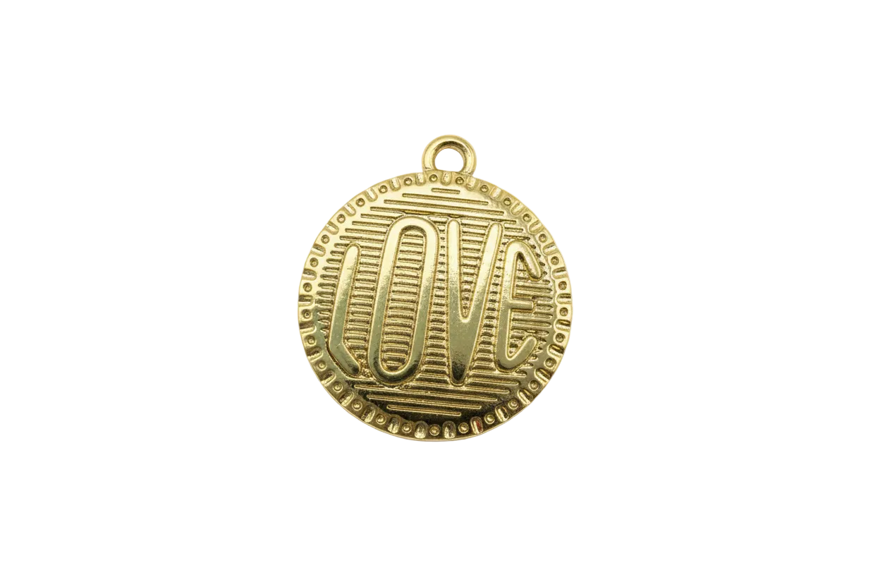 Gold LOVE coin with ridged texture and beaded border