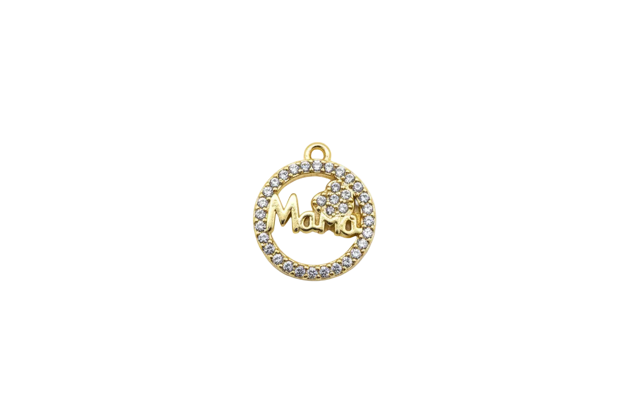 Gold pavé “Mama” circle with clear stones and heart accent