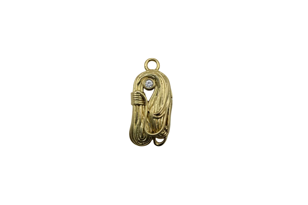 Gold coiled rope and carabiner with clear gem