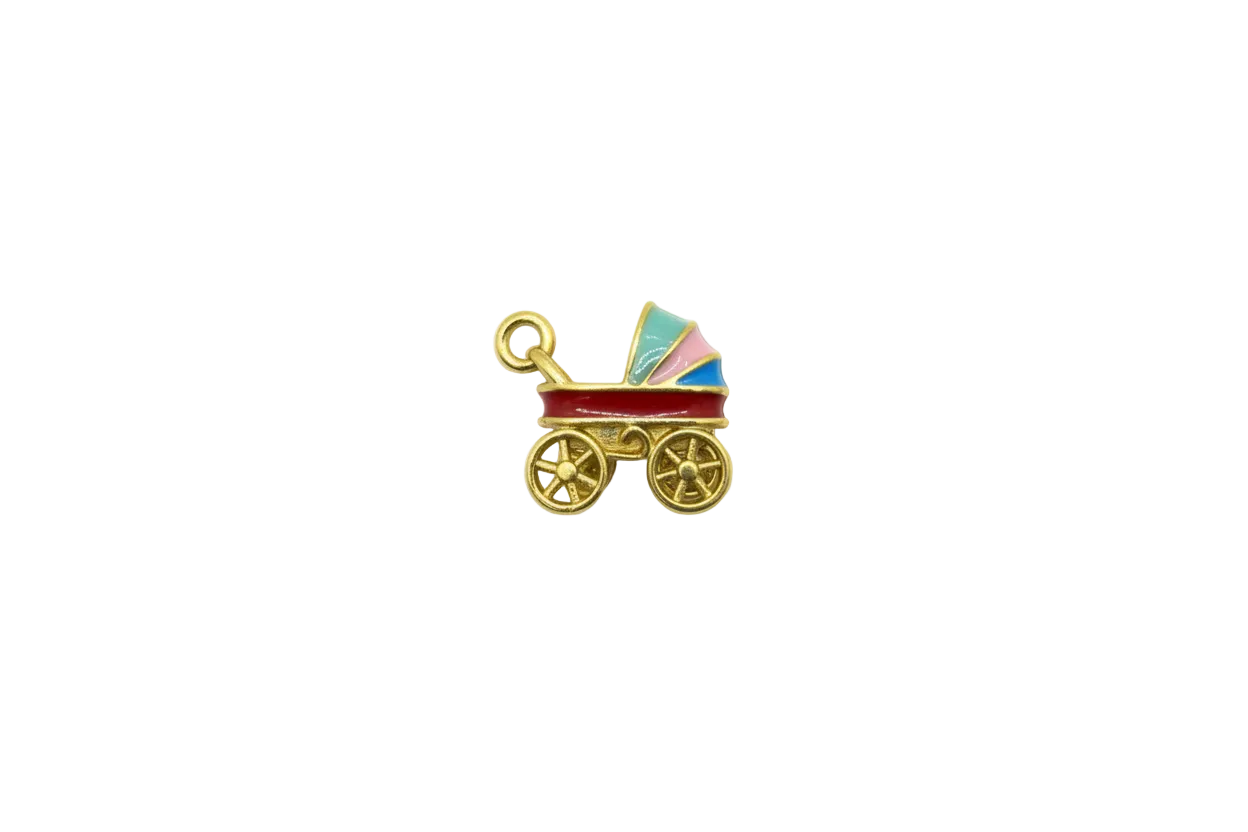 Gold baby stroller with red and pastel enamel accents