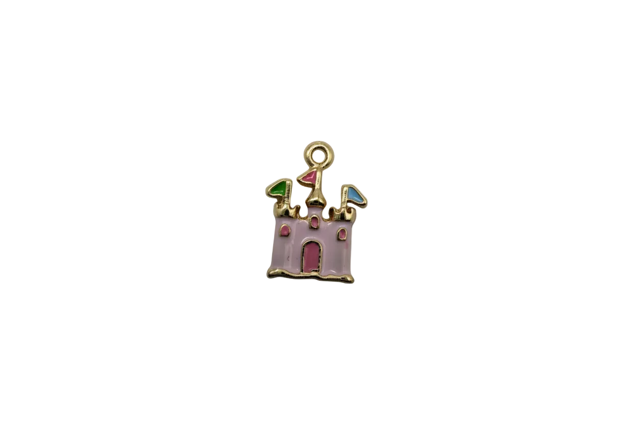 Pastel pink enamel castle with gold outline and multicolor roofs