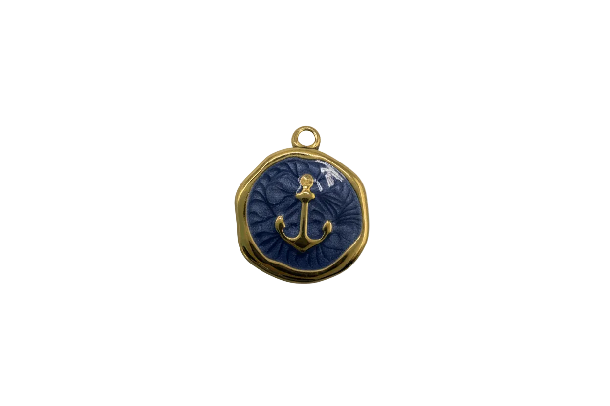 Gold anchor on navy enamel medallion with gold border