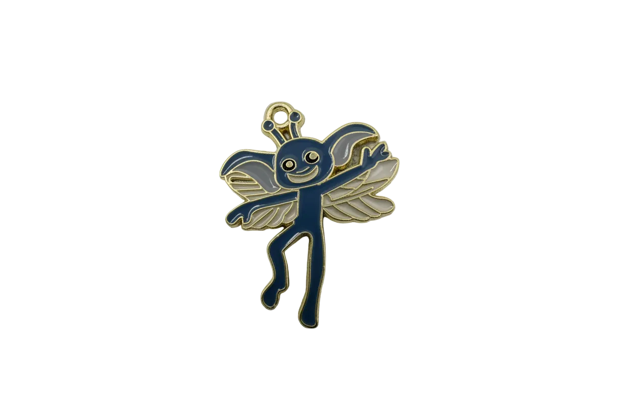 Navy winged creature with white wings in gold outline