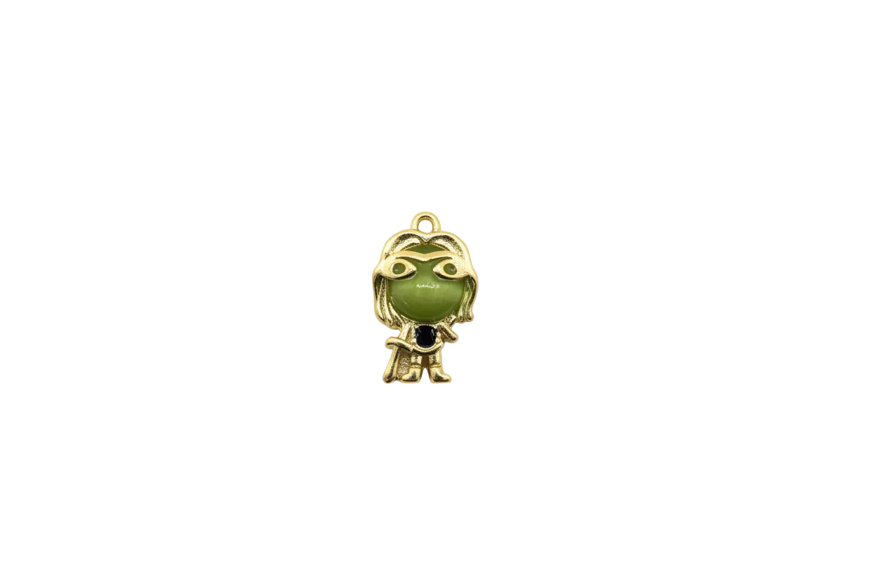Gold figure with green cat-eye face and black gem