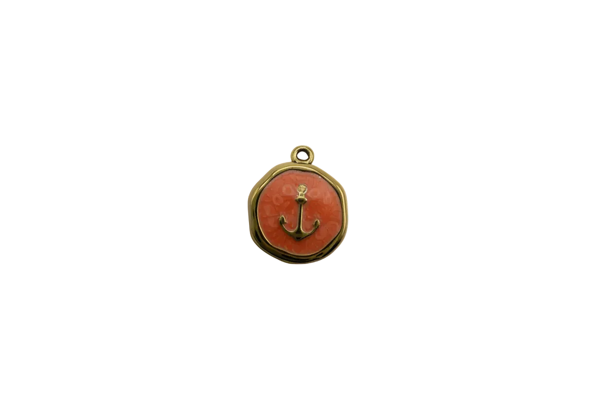 Gold anchor medallion with coral enamel