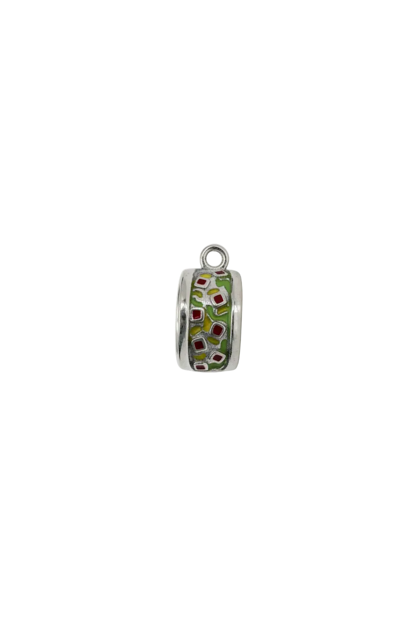 Silver sushi roll charm with red, green, and yellow enamel