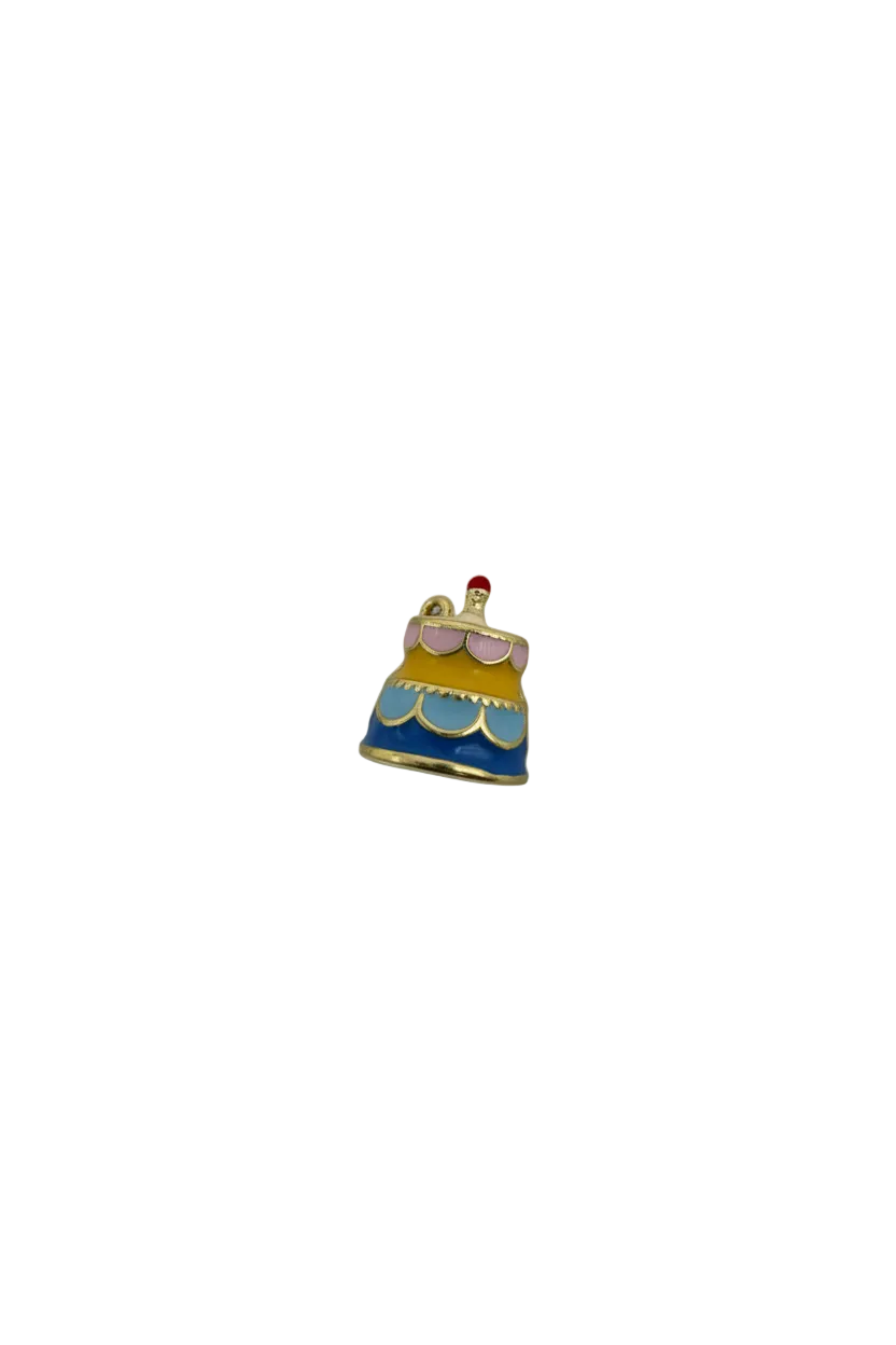 Pastel frosted cake slice enamel with gold outlines and red topper