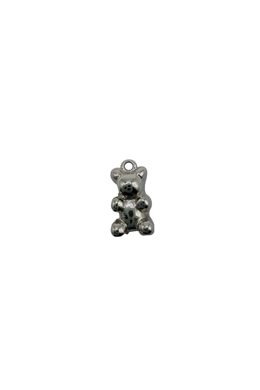 Shiny silver teddy bear with black dot paw details