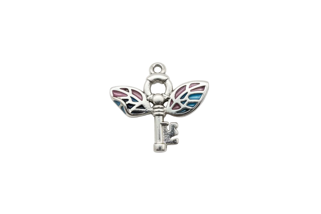 Silver key with stained-glass butterfly wings in teal and plum