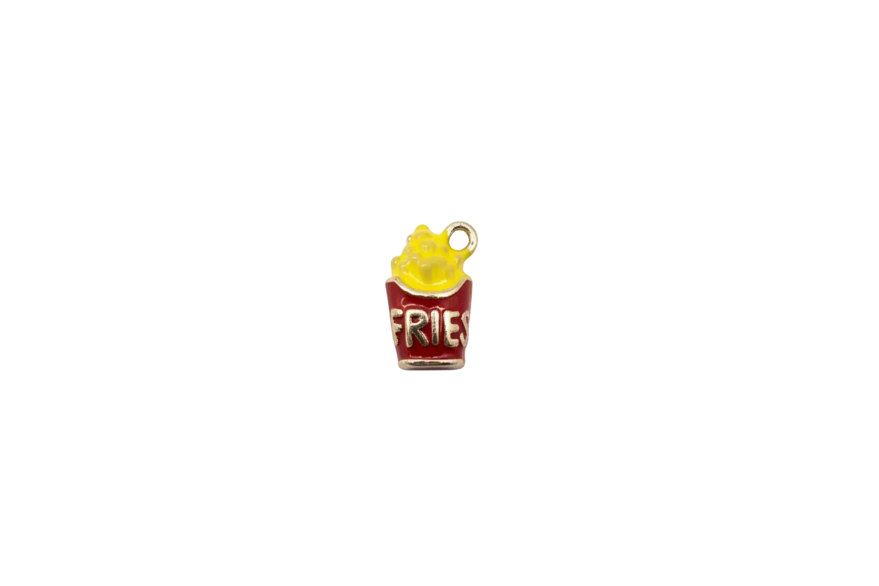 Red french fry carton with yellow fries and silver lettering
