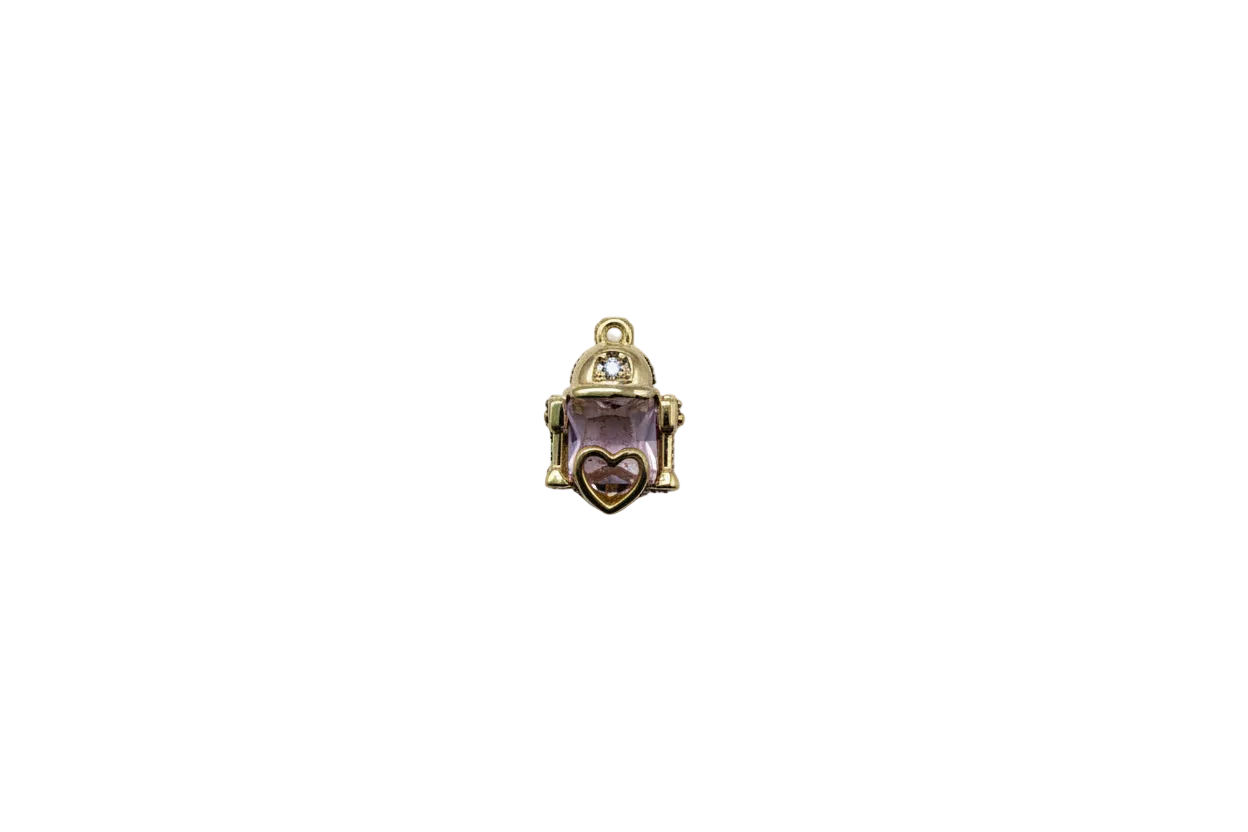 Gold robot with lavender gem, heart detail, and clear gem accent