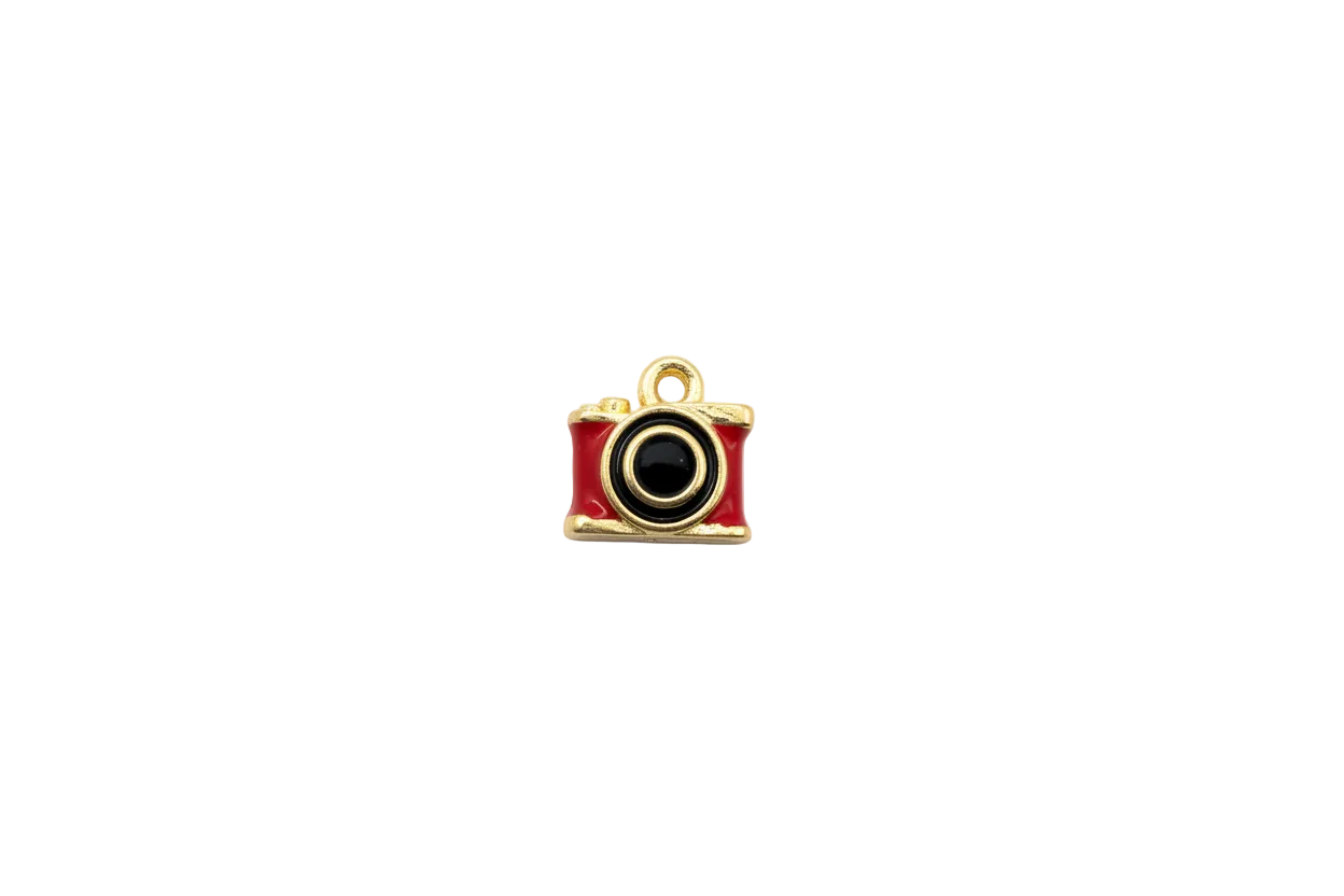 Red enamel camera pendant with black lens and gold trim