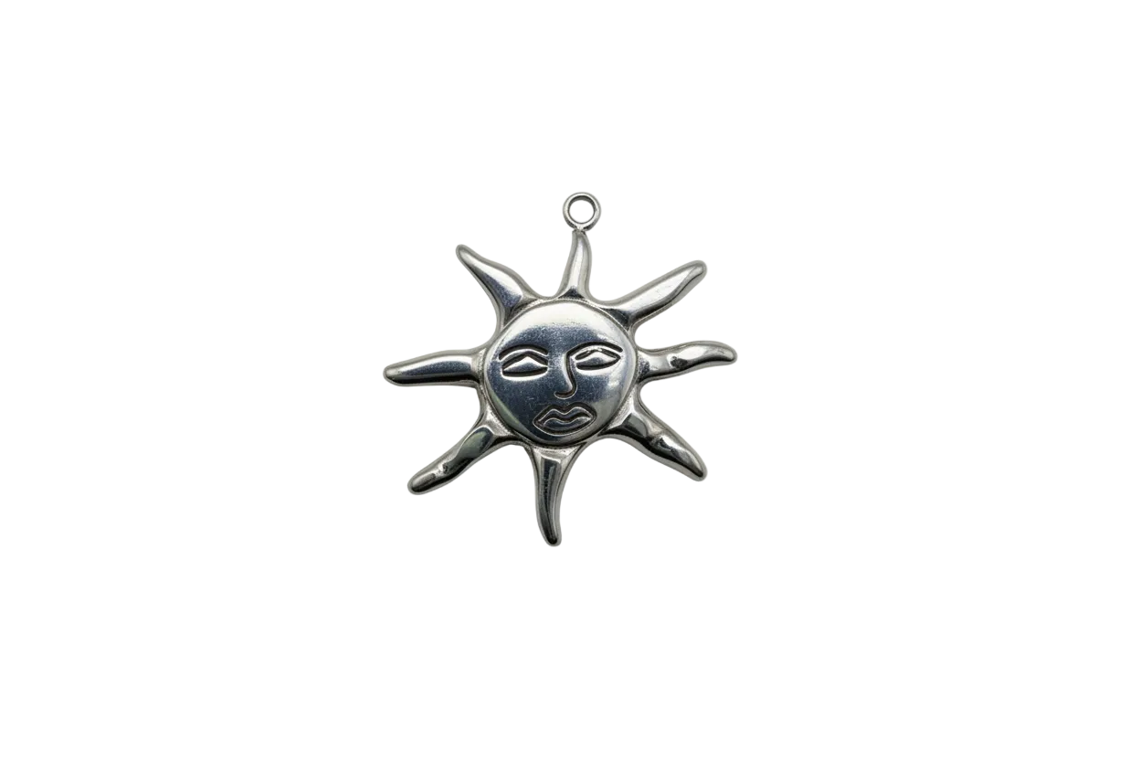 Silver sun face pendant with sculpted rays