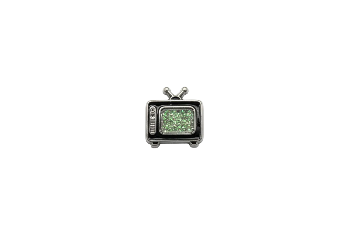 Retro television charm with iridescent glitter screen