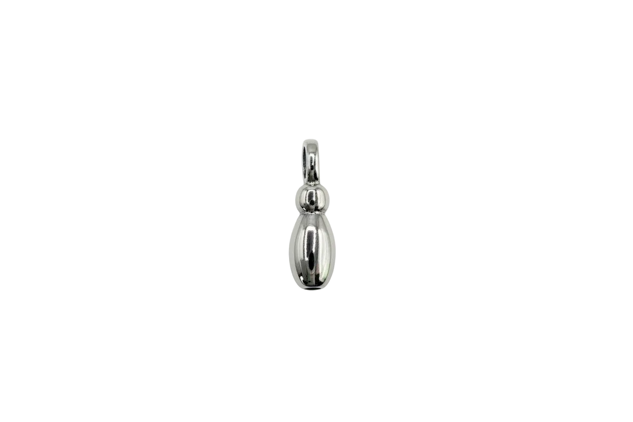 Polished silver double-bead charm on black background