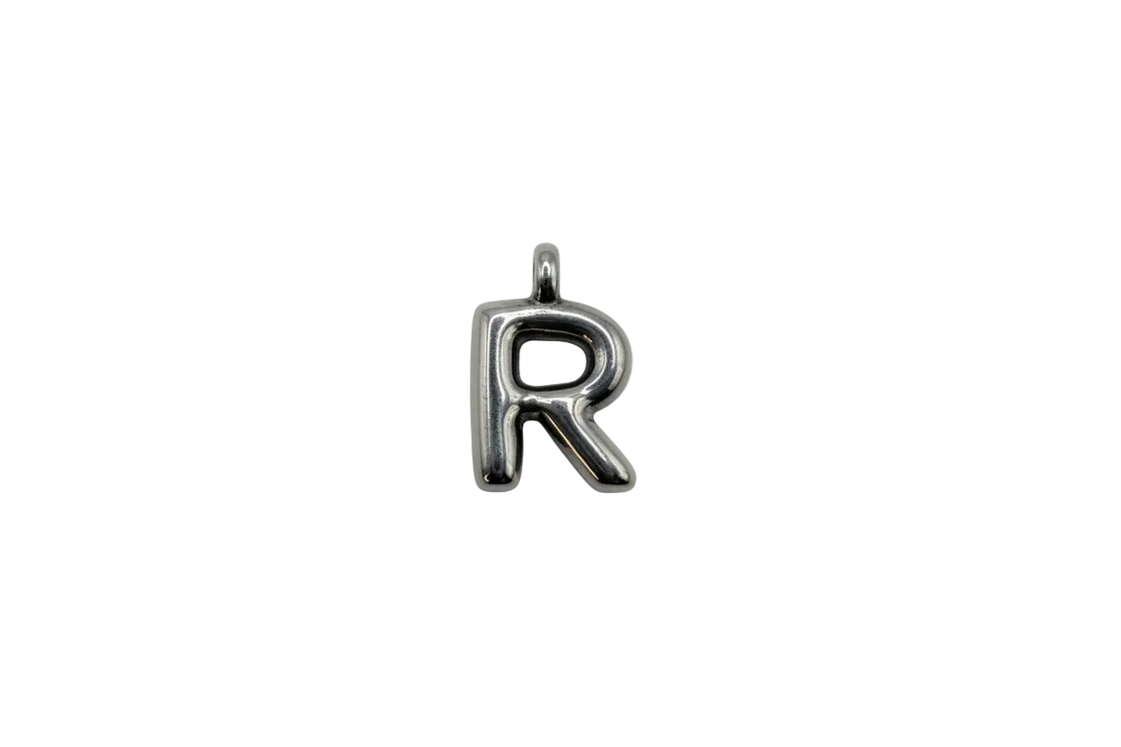 Polished silver puffy letter R, balloon-style