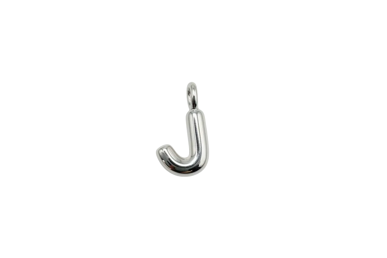 Polished silver letter J initial, rounded and glossy