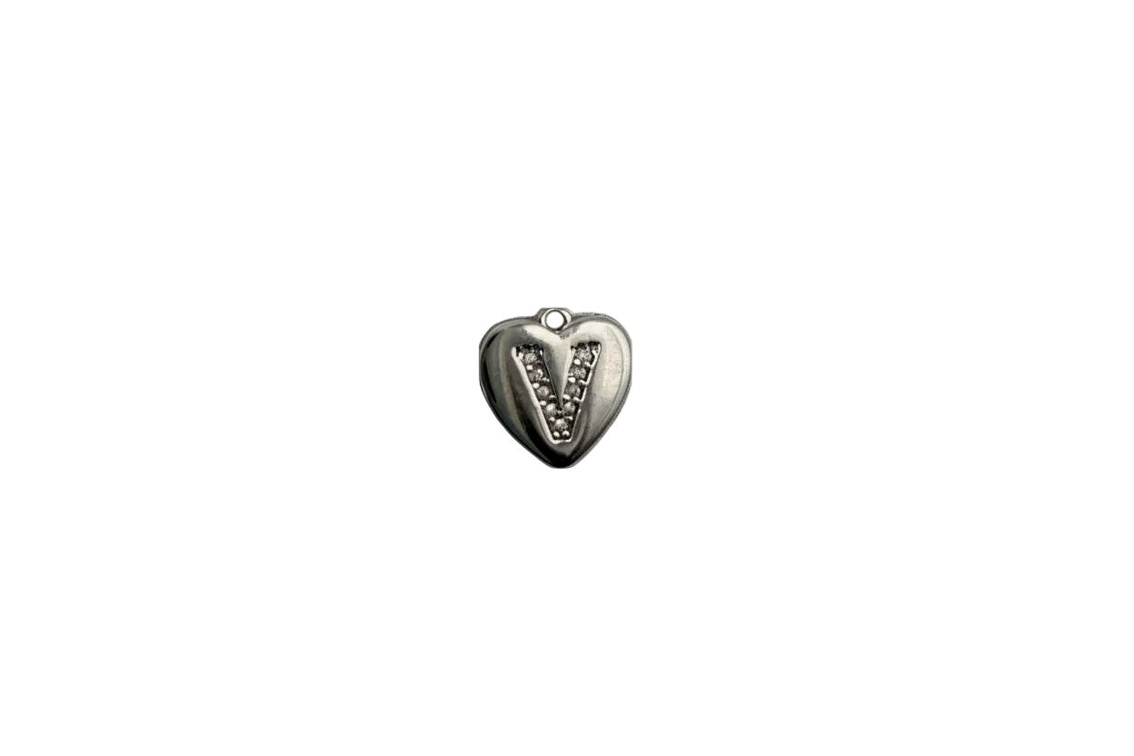 Silver heart with pavé letter V and clear stones