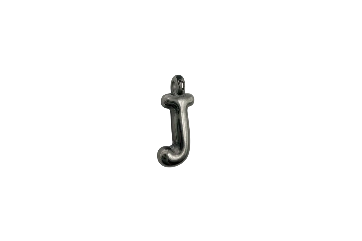 Polished silver lowercase letter j with glossy finish