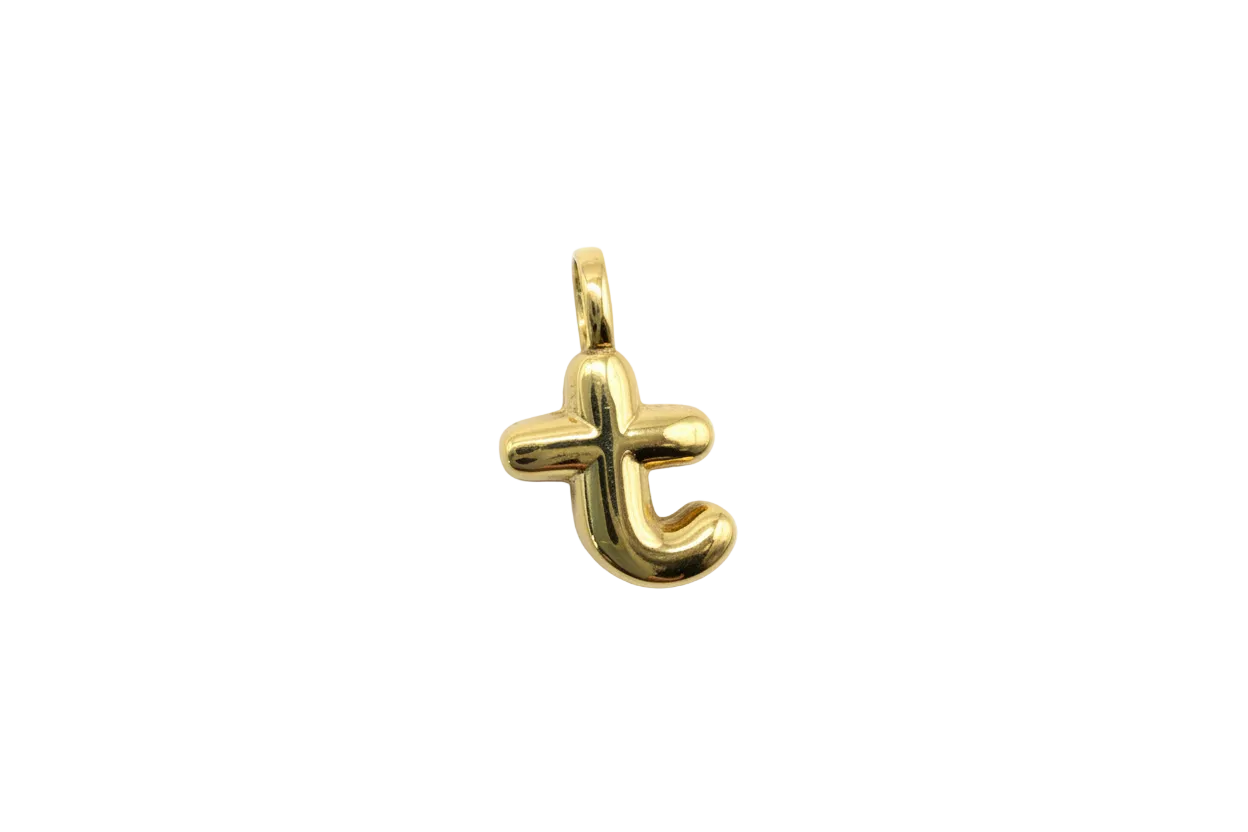 Gold puffy letter T with glossy, rounded silhouette