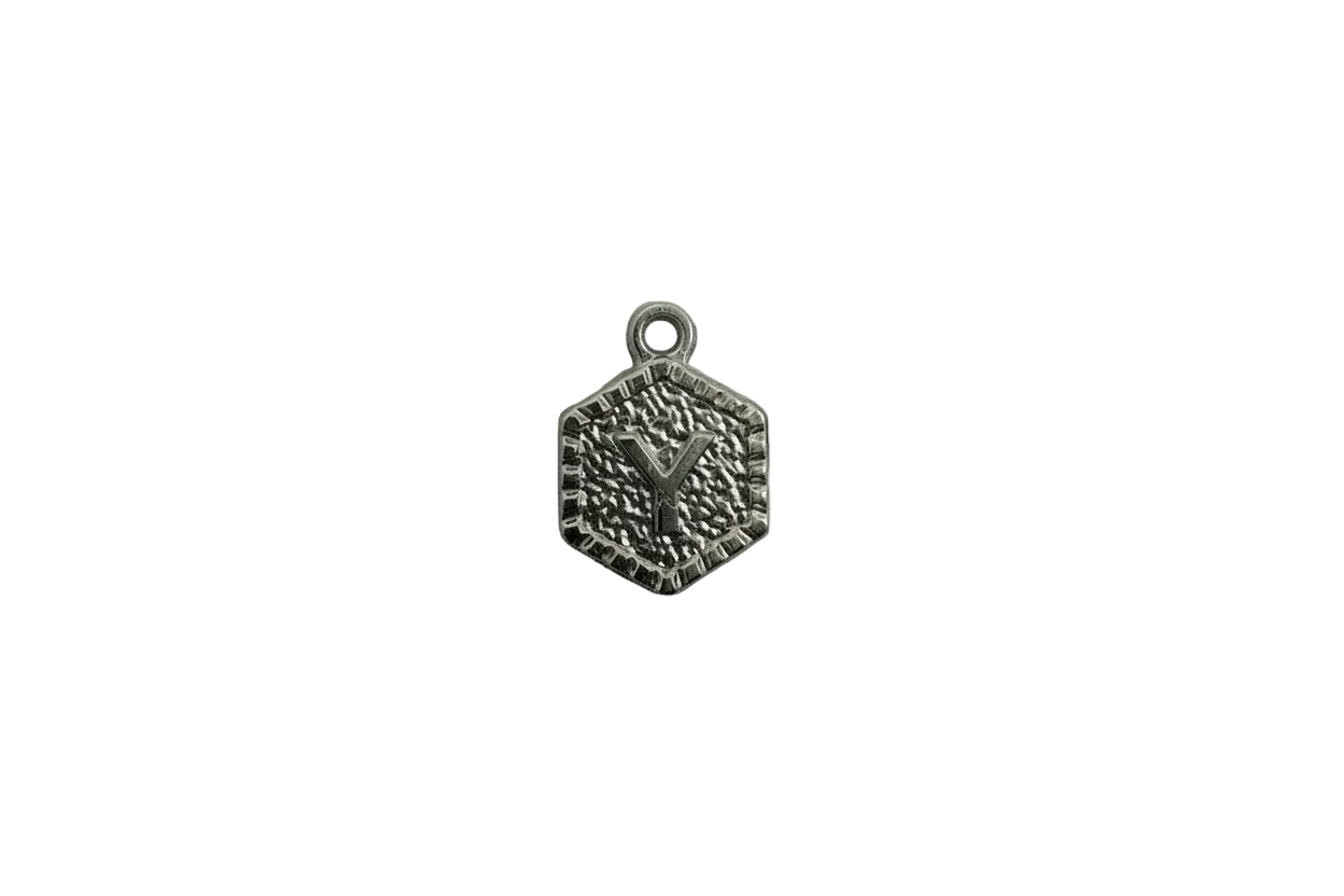 Silver hexagon letter Y medallion with textured finish