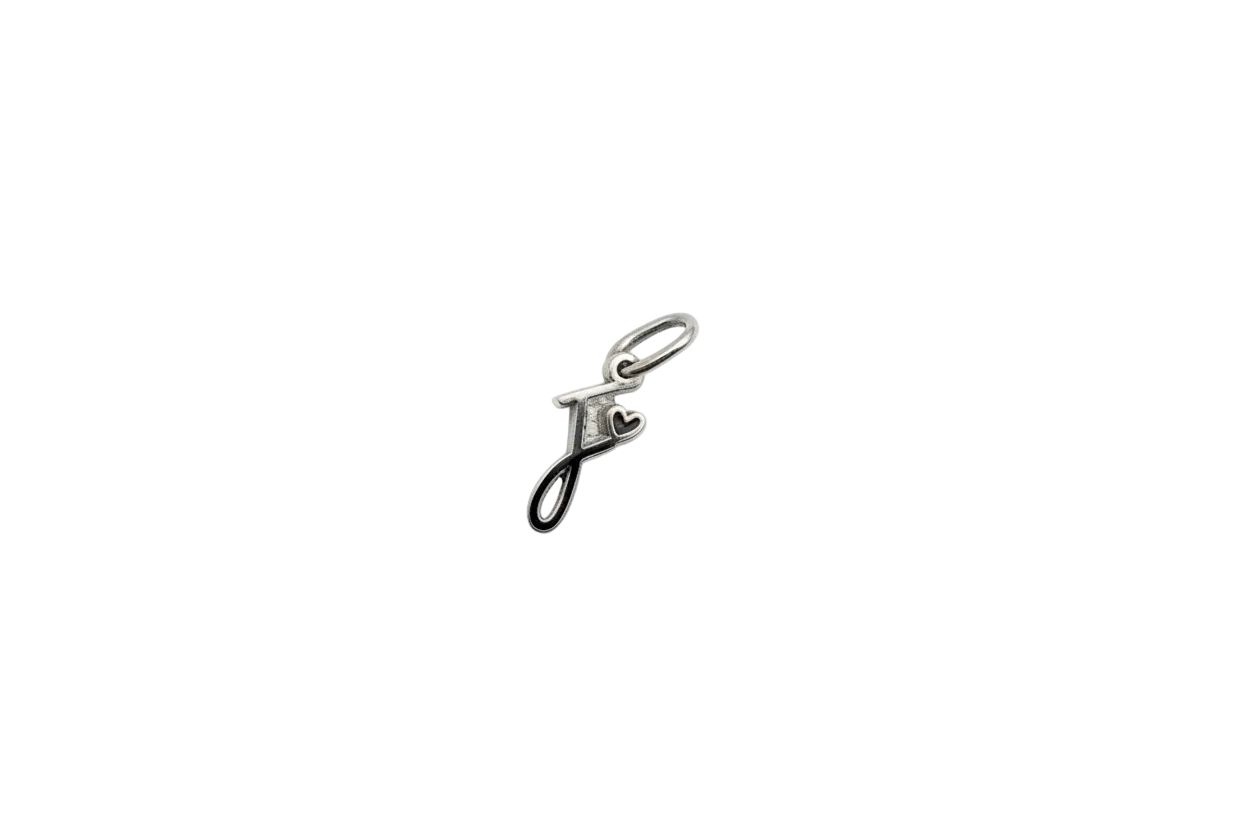 Silver letter F initial with heart detail