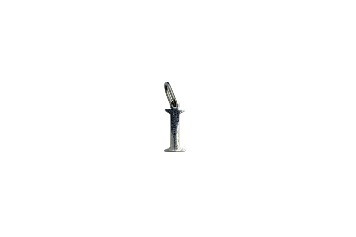 Silver-tone serif letter I initial on black background