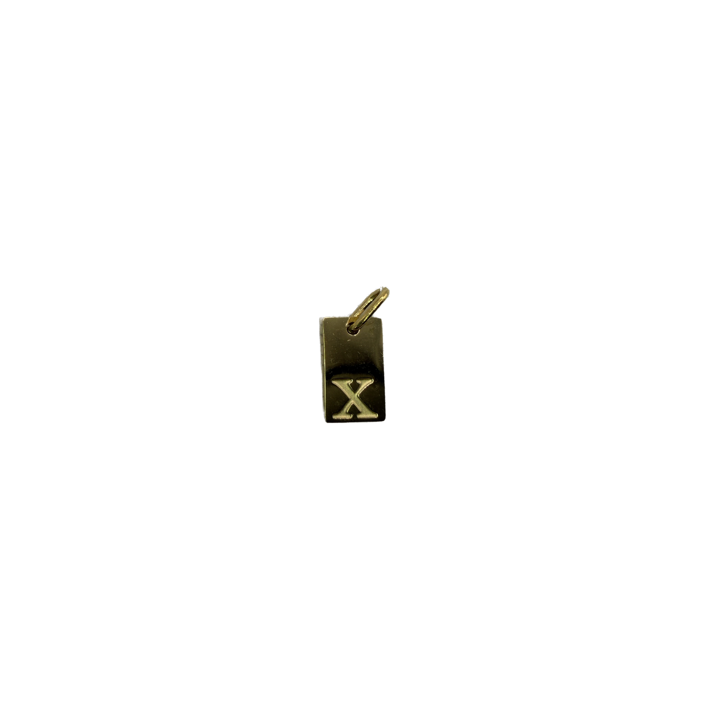 Gold rectangle tag with raised letter X