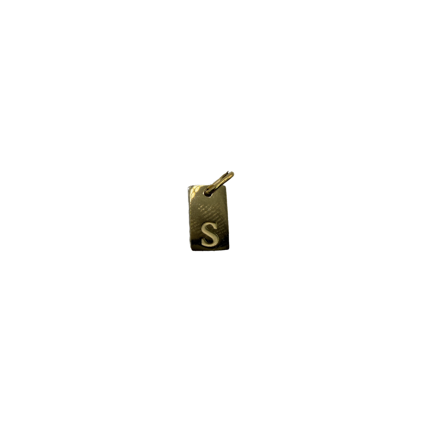 Gold rectangle tag with raised letter S