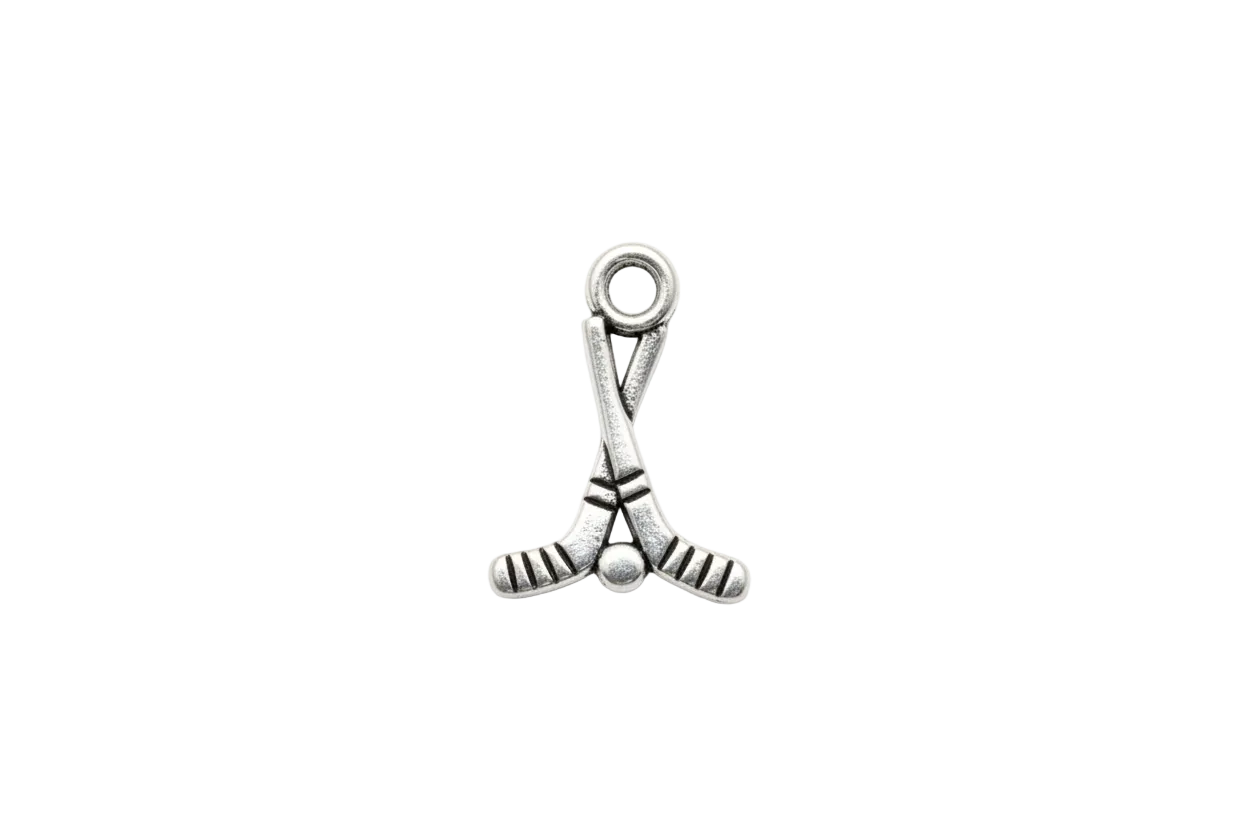 Silver crossed hockey sticks with puck, antiqued finish