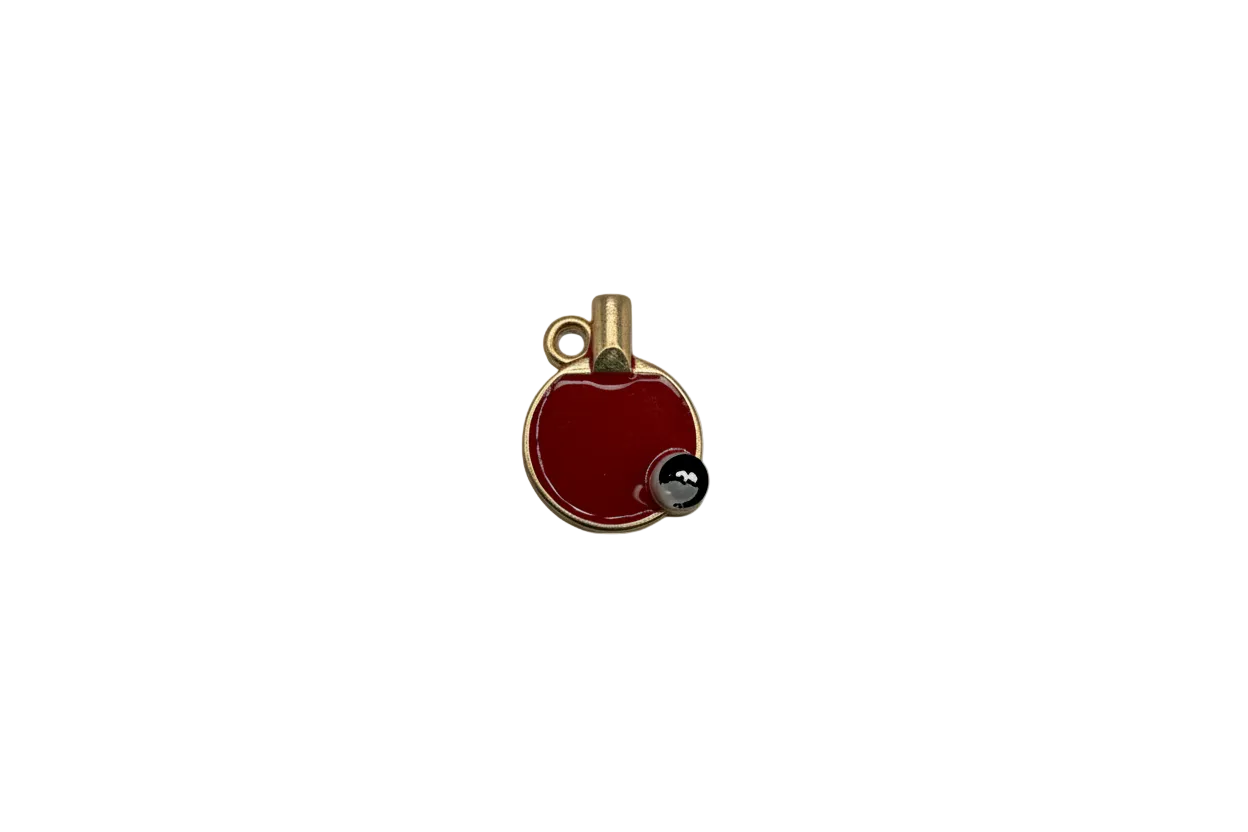 Red enamel round flask with gold trim and black-and-white stopper