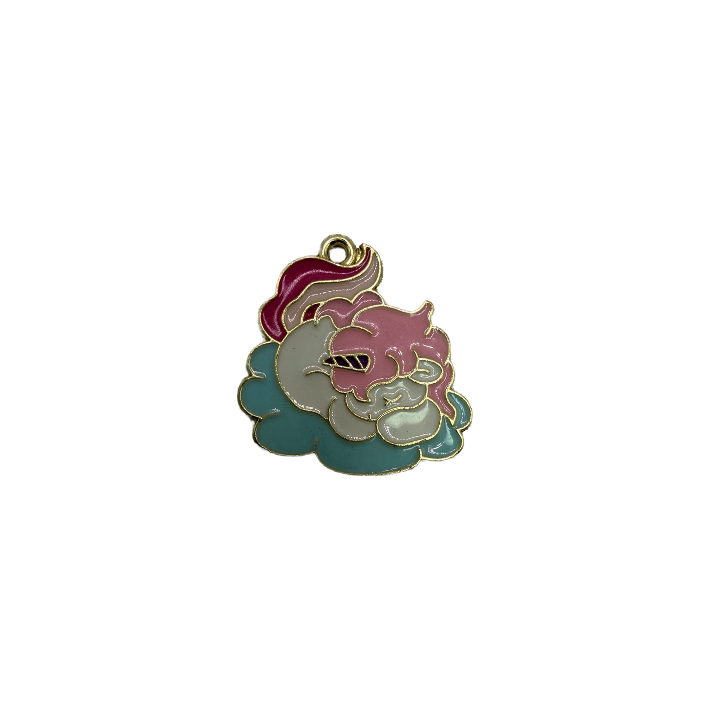 Pastel unicorn head with rainbow mane, gold outline