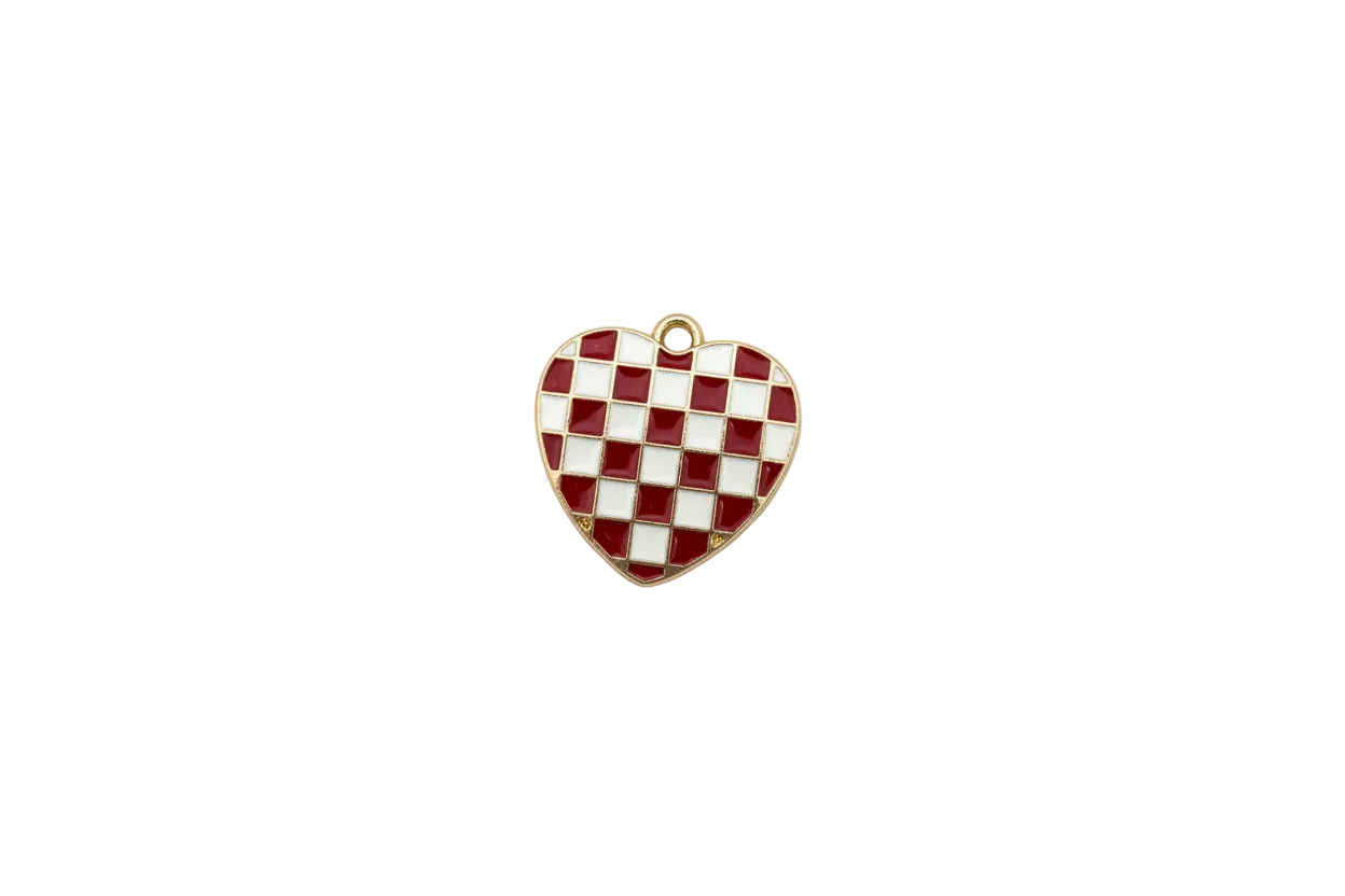 Gold heart with red and white checkerboard enamel