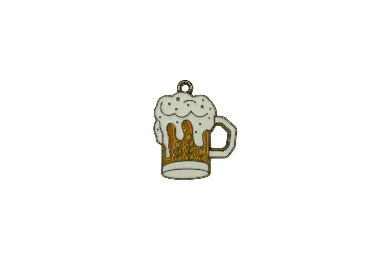 Enamel beer mug with white foam and amber fill, gold outline